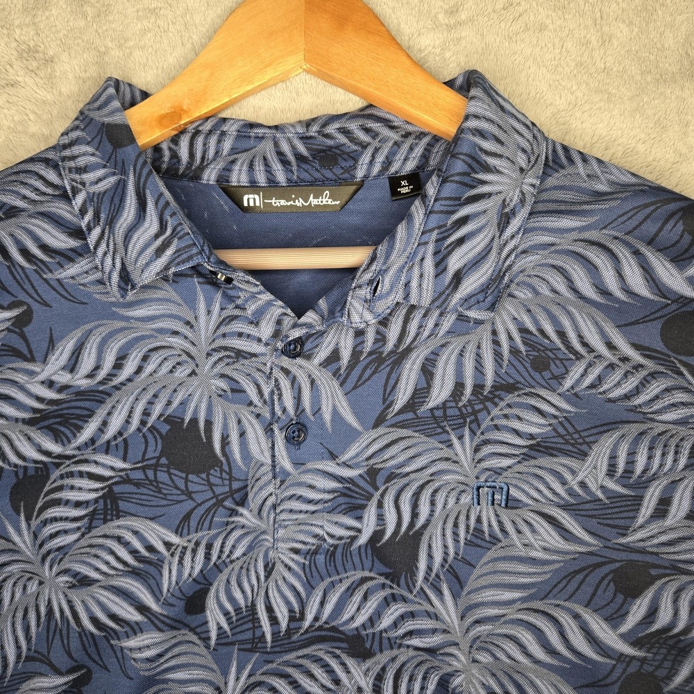 TravisMathew Polo Shirt Mens XL Blue Tropical Palm Print Golf River Strand